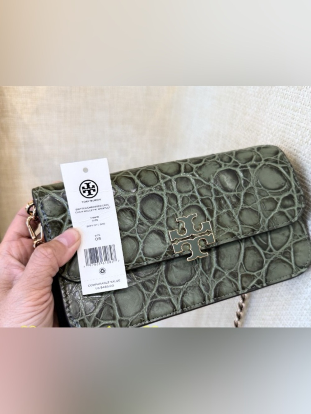 Tory Burch Olive Croc-Embossed Chain Wristlet with Gold Logo